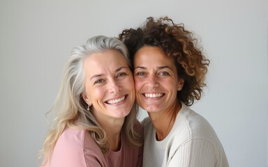 Portrait of happy smiling mature mother and adult daughter, two women together on studio background. High quality