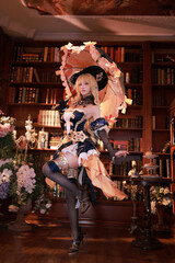 Enchanting blonde cosplayer strikes a pose with umbrella in vintage library setting, bringing...