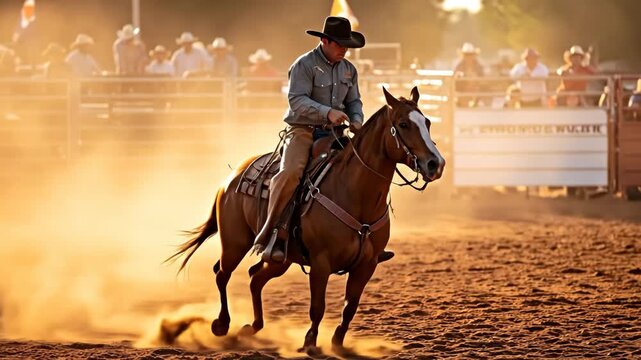Cowboy Riding Horse in Rodeo Dust - A cowboy rides a brown horse through a cloud of dust at a rodeo event. The sun shines brightly, creating a cinematic atmosphere.