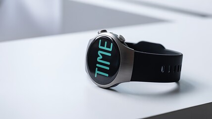 Modern sleek smartwatch displaying time with digital interface on a clean surface