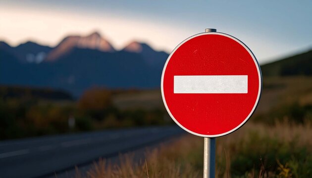 Road sign indicating no entry near mountains during sunset in a natural landscape