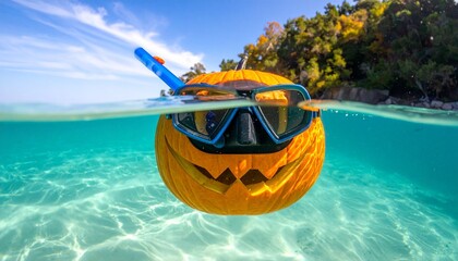 Pumpkin wearing snorkel and mask floats underwater in a clear tropical sea setting