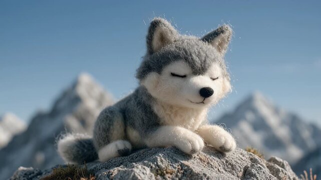 Animated husky resting on rock with snowy mountains in the background