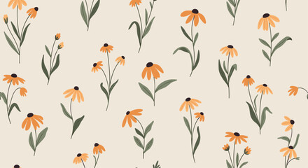 Fototapeta premium A delicate and charming pattern featuring scattered small yellow wildflowers with green stems and leaves.