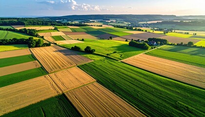 Aerial View of Geometric Farm Fields at Sunset with Varying Textures Green and Golden Tones with Hilly Background Agriculture Landscape Tranquil Scenery