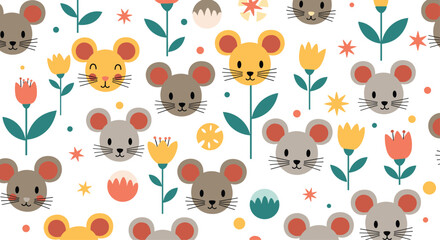 Obraz premium A whimsical pattern featuring cute cartoon mice and blooming spring flowers on a white background.
