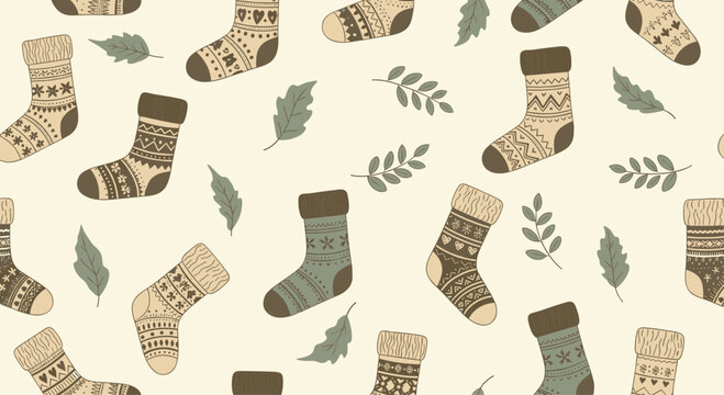 A cozy autumn pattern featuring knitted socks and falling leaves.