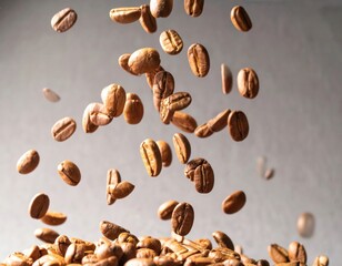 Obraz premium Roasted coffee beans falling against light background