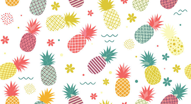 A vibrant and colorful pattern of pineapples and flowers is displayed on a white background.
