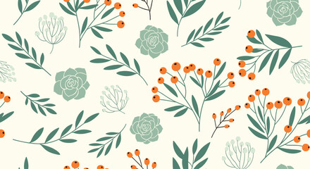 A pattern of autumnal berries and botanical foliage elements.