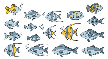 A collection of various colorful and detailed aquatic fish species swimming in clear blue water.