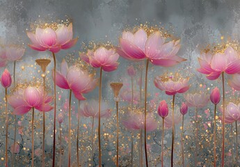 Pink lotus blossoms with golden accents against a textured, gray background