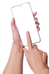 A hand holding a cell phone with a white background. Hand business man holding mobile smartphone with blank screen isolated on white background with clipping path