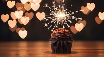 Chocolate cupcake with sparkler, heart bokeh