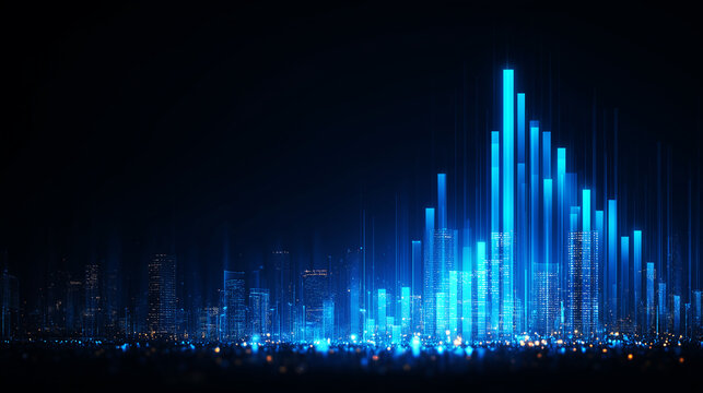 Futuristic digital cityscape with glowing blue skyscrapers and data visualization bars, technology and finance projects. Modern abstract background ideal for business, innovation, big data - Powered by Adobe