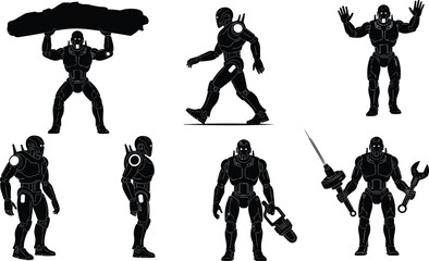 Humanoid robot silhouettes, futuristic robotics, mechanical android poses, robot strength, robot tools, artificial intelligence, sci fi concept, robotic design, automation, technology illustration