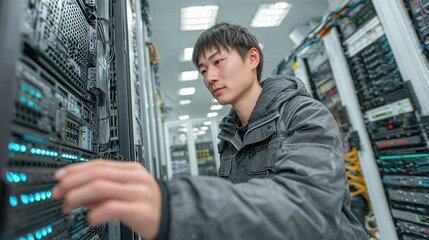 Young Asian man in a gray jacket working on a server in a data center. He is adjusting equipment among rows of servers and cables.