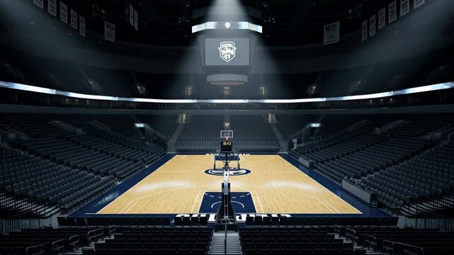 Empty Basketball Arena at Night - An empty basketball arena is shown at night, with the court illuminated by spotlights. The stands are dark and empty, creating a dramatic and spacious atmosphere.