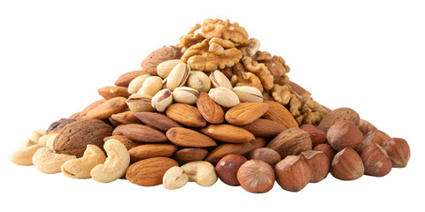 Pile of assorted nuts including walnuts almonds pistachios hazelnuts and cashews pile of nuts