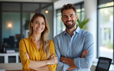 Portrait of two caucasian confident successful company employees, business colleagues, a man and a woman, stand near the desktop in a modern office, look at the camera, smile friendly. High quality