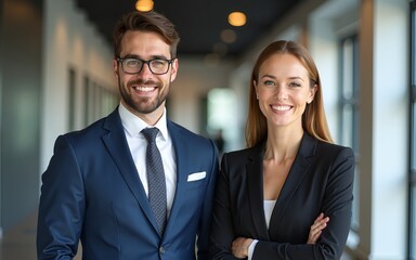 Happy confident professional mature business man and business woman corporate leaders managers standing in office, two diverse colleagues executives team posing together, portrait. High quality