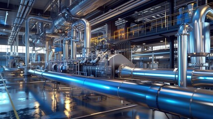  industrial ammonia cracking facility interior, massive steel reactors and catalytic converter systems, blue hydrogen gas pipes, clean modern industrial architecture, warm industrial lighting
