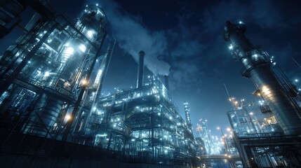 industrial scene of advanced ammonia-cracking technology facility producing clean hydrogen power, futuristic reactors with glowing pipelines, clean energy icons, sustainable heavy industry background