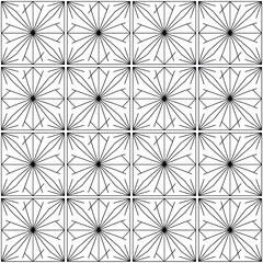 Vector seamless geometric pattern with black and white starburst tiles arranged in a grid design for modern abstract backgrounds
