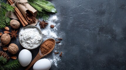 Christmas baking ingredients, flour, spices, eggs, nuts, with pine branches on dark stone surface, top view, copy space