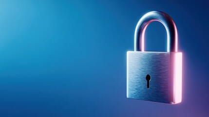 Fototapeta premium A metallic padlock with a keyhole, illuminated by blue and pink light. The background is a smooth gradient of blue tones, creating a modern and secure atmosphere.