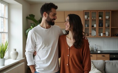 Man and woman mother and son standing together at home. High quality