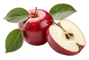 Red apple whole and halved with green leaves on black background whole apple halved apple