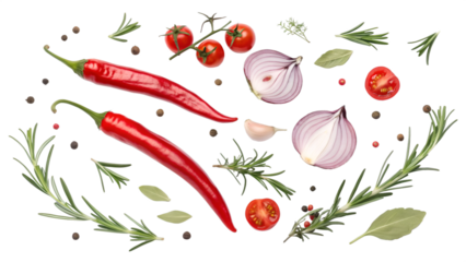 Red chili peppers red onions cherry tomatoes garlic rosemary bay leaves and peppercorns hot pepper