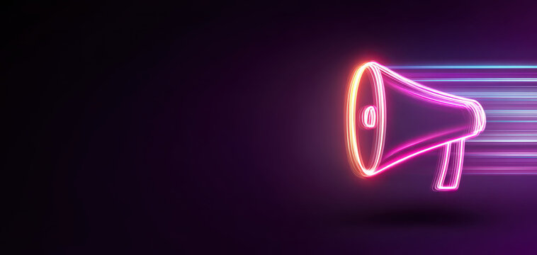 Neon megaphone glowing on dark background with vibrant light streaks creates dynamic and energetic atmosphere perfect for communication and announcement concepts