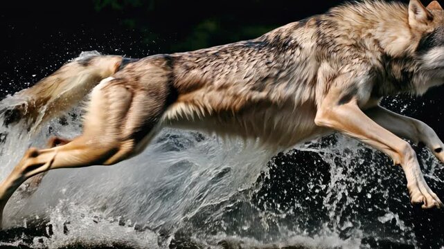 Explosive leap of a wolf through a river, water bursting into the air as the predator surges forward&mdash;high‑octane wildlife action built for trailers, sports‑style edits, and captivating social video.