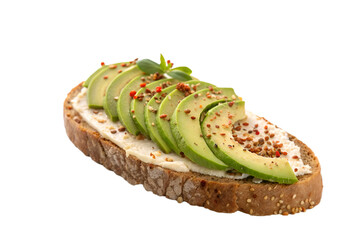 Sliced avocado on cream cheese spread on whole grain bread with seeds and spices avocado toast