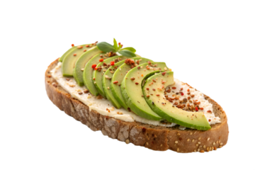 Sliced avocado on cream cheese spread on whole grain bread with seeds and spices avocado toast