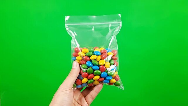 A transparent candy bag being gently shaken, isolated on green screen party, gently shaken, fun