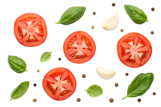 Sliced tomatoes basil leaves garlic cloves and peppercorns on black background tomato slices