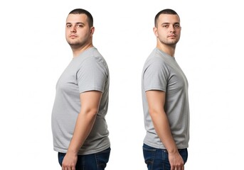 Man's impressive weight loss journey, showcasing a significant body transformation from overweight to a healthier, fitter physique, highlighting the results of dedication and a healthier lifestyle