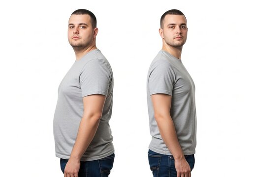 Man's impressive weight loss journey, showcasing a significant body transformation from overweight to a healthier, fitter physique, highlighting the results of dedication and a healthier lifestyle