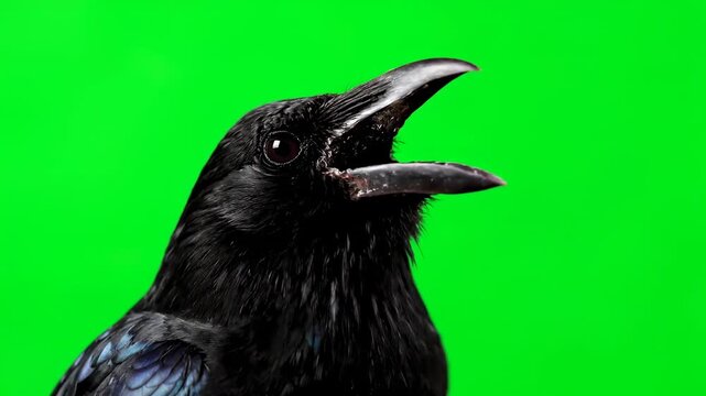 A thirsty crow opening its beak wide, isolated on a green screen expression, bird, background removal