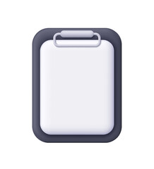 Black clipboard with blank paper sheet. Business, education, productivity, notes, document, task and office work concept. 3d vector icon. Cartoon minimal style.