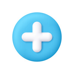 Fototapeta premium White plus or medical cross on blue circle button. Medicine, healthcare, user interface and technology concept. 3d vector icon. Cartoon minimal style.