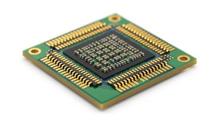 Macro shot of a modern microprocessor with gold-plated pins on a green printed circuit board, illustrating complex electronic engineering and data processing