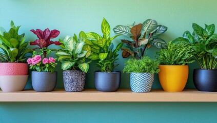 Fototapeta premium Potted plants line a shelf against a green wall