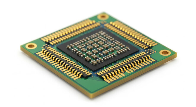 Macro shot of a modern microprocessor with gold-plated pins on a green printed circuit board, illustrating complex electronic engineering and data processing
