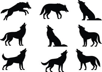 Wolf, silhouette, animal, wild, nature, howling, walking, standing, leaping, vector, black, flat, icon, wildlife, pose, behavior, illustration, graphic, cad drawing, flat vector illustration