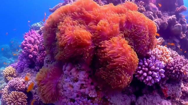 Vibrant coral reef teeming with life. Underwater scene showcasing a profusion of colorful corals in various shades of pink, orange, and purple, interspersed with small fish darting through the water
