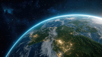 Obraz premium Earth seen from space with glowing continents and vibrant colors, showcasing beauty and wonder